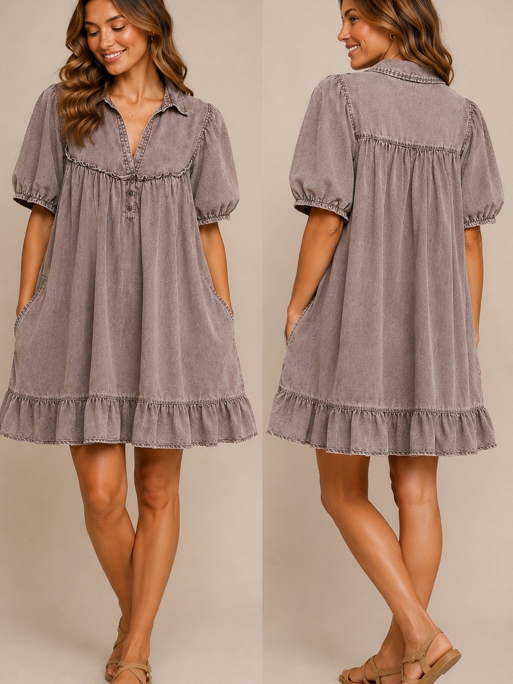 Easel Cotton Puff Sleeve Babydoll Dress L Taupe